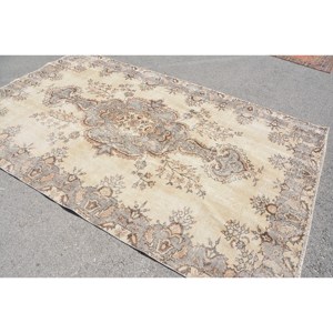 พรมตุรกีโบราณ5.8 X 9.3ft เบจสีเทางานเย็บปะทำด้วยมือผ้าขนสัตว์ลาเท็กซ์การออกแบบสำหรับข้างเตียงสี่เหลี่ยมผืนผ้าห้องโถงสไตล์วินเทจใหม่ - Product Image 4