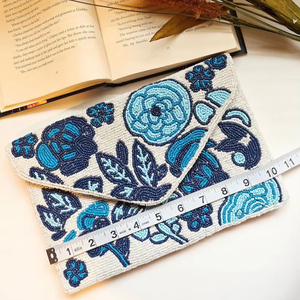 Pochette à monnaie perlée brodée à la main de qualité supérieure pour femmes pochette zippée en coquille de perle bleue avec doublure en toile code d'utilisation - Product Image 5
