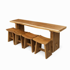 Juego de Mesa de Bar de Madera Maciza de Monkey Pod Ecológica y Moderna de Alta Calidad, Sillas Curvas con Asientos de Madera y Patas Naturales para Cocina o Bar - Product Image 1
