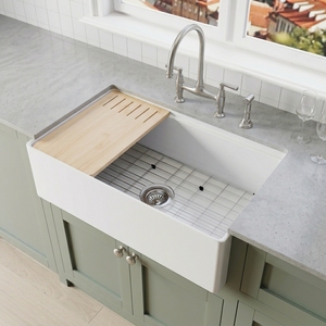 Évier de cuisine noir profond, style farmhouse, fait main, à cuve unique, 33 pouces, en argile réfractaire avec façade d'abattage - Product Image 5