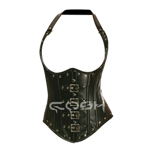 Corset en cuir noir de qualité supérieure, à col halter et à laçage sous le buste, avec clous |   Achetez maintenant - Product Image 1