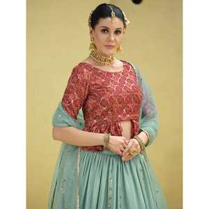 Lehenga Choli de Seda Chinon Talla XL con Lentejuelas Azul Cielo Bordadas y Dupatta - Product Image 3