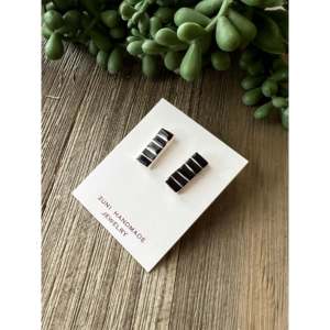 Zuni Made Black Opal Stud <b>Earrings</b> in Sterling <b>Silver</b> Geometric Design - Product Image 3