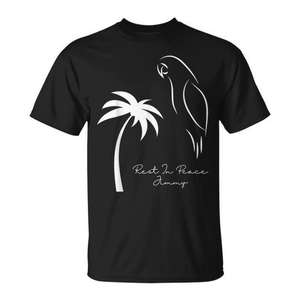 Camiseta Conmemorativa para Amantes de la Música, Descansa en Paz, Loro en una Palmera, para Conmemoraciones Musicales y Funerales - Product Image 1