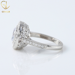 Exquisito Art Deco 3CT corte redondo laboratorio crecido diamante bisel conjunto Milgrain anillo de compromiso oro blanco Halo anillo de boda para mujer - Product Image 5