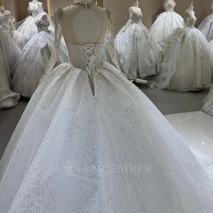 DW0198 Impresionante Vestido de Novia Moderno con Cuello en V, Manga Larga, Cola de Capilla, Encaje, Flores de Cristal, para Mujer - Product Image 6