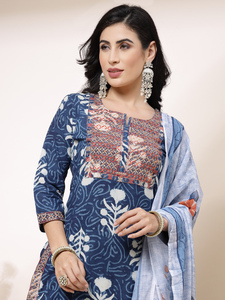 Elegante y Estiloso Conjunto de Kurta, Pantalón y Dupatta de Algodón con Bordado Floral Azul, Última Moda Étnica para Primavera/Verano, Exportación al por Mayor OEM - Product Image 6