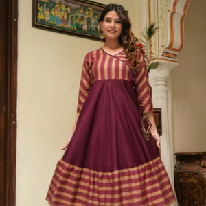 Kurti Anarkali de rayón con estampado de rayas para mujer, elegante para uso diario, tela suave, ajuste cómodo, atuendo tradicional indio con estilo. - Product Image 1