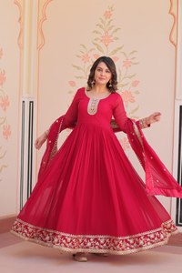 Elegante traje rosa de seda Anarkali Georgette de diseñador para mujer con estampado Dupatta para bodas Elegante vestido de trabajo para niñas - Product Image 2