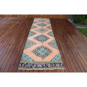 Alfombra Turca Vintage, Alfombra de Pasillo de 3,3x13,2 pies, Alfombra a Rayas Azul y Rosa - Product Image 1