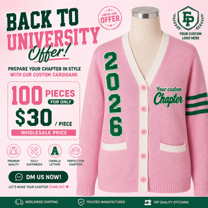 Cardigan en acrylique brodé personnalisé AKA Sorority Back University 2026 |   Chemise à manches longues et col en V, 100 pièces, 30 $ au total - Product Image 1