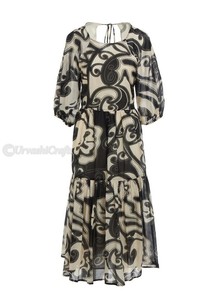 Wholesale Printed Long Maxi Dress Balloon Sleeves With Elastic Cuffs Round Neckline Detachable Waist Belt <b>Both</b> Side Open Silit - Product Image 3