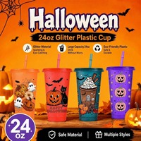 Gobelets en plastique scintillants de 24 oz pour Halloween, avec couvercle et paille, réutilisables pour café glacé, personnalisables avec logo, vente en gros usine