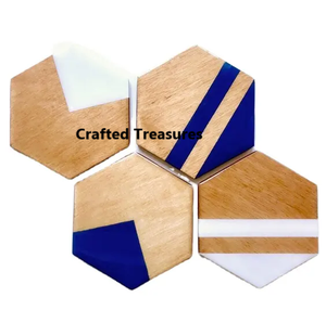 Ensemble de 6 sous-verres en résine et bois indiens artisanaux pour rehausser la décoration de votre table avec de la résine époxy blanche - Product Image 4