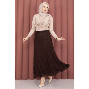 Premium <b>Lace</b> Skirt in Coffee Satin-Chiffon-Knitted with Embroidery & Ruffles Straight <b>Elastic</b> Waist Soft Breathable MOQ 2 Pieces - Product Image 1