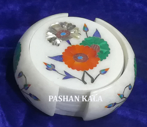 Unique Design Pure White Marble Inlay Round Shape Tea <b>Coaster</b> <b>Set</b> for Home Decoration and Business Gifted Purpose in Best Price. - Product Image 3