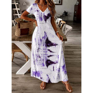 Robe longue Supreme à manches courtes et col en V pour femme, motif imprimé, 37508 - Violet - Product Image 3