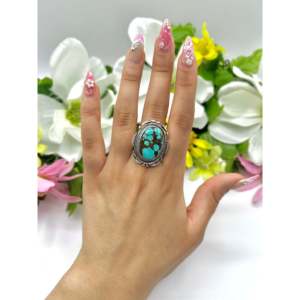 Navajo Made #8 Turquoise Sterling Silver <b>Statement</b> <b>Ring</b> Size 8.75 Bezel Setting Inlay Everyday Wear Dainty Hip-Hop Fine Jewelry - Product Image 5