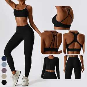 Color sólido Activewear Yoga Set Halter Sports Bra Soft Seamless Leggings Mujeres Conjuntos de entrenamiento Gym Fitness Sets - Product Image 4