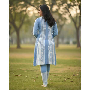 <b>Women's</b> Winter Casual Full Sleeve Long <b>Woolen</b> Fabric 3-PC Vintage Kurti Set in SkyBlue Color - Product Image 4