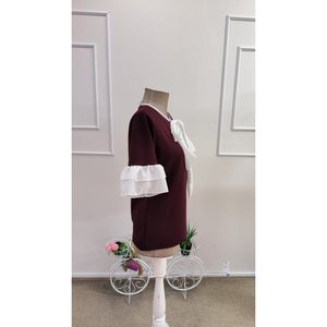 Blusa de Chifón Crepé con Mangas Cortas, Cuello Redondo, Detalle de Lazo y Volantes en las Mangas para Mujer, 34790 - Borgoña - Product Image 5