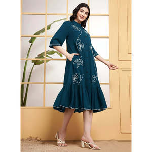 DEEBACO Women's Solid Viscose Rayon Shirt <b>Dress</b> 3/4 Sleeve Collared Neck Regular Fit Calf Length Summer Western Party Casual - Product Image 5