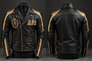 Veste en cuir pour homme brodée sur mesure APA Fraternity, noire et or, OEM ODM. - Product Image 6