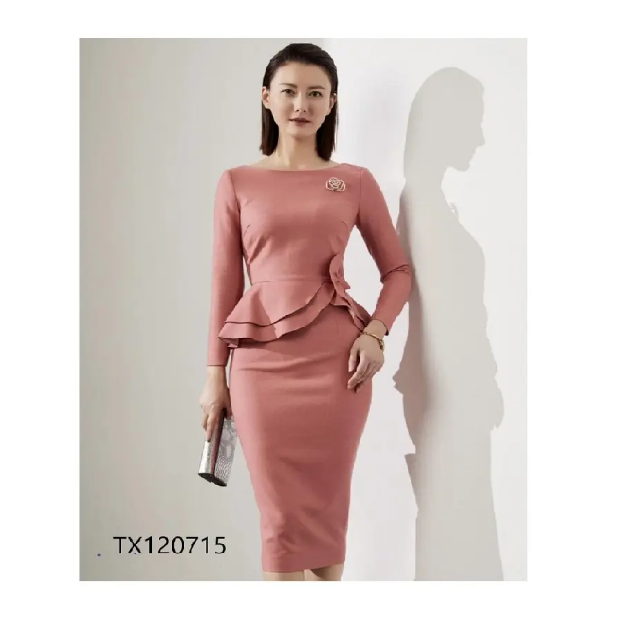 Office Lady Waist Line Top High Quality New Collection Modern Luxury Green Spandex Polyester Plus Size Women Dress