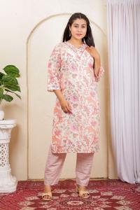 Kurta Larga Informal de Algodón Orgánico Puro, Corte Recto, Mangas 3/4, con Pantalón (Cintura Elástica, Cuello Bordado, Lavable) - Product Image 3