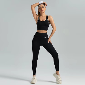 Nuevas llegadas: Conjunto de yoga para mujer, leggings deportivos de cintura alta elástica con efecto fruncido, de Spandex/Nylon liso para mujer - Product Image 5