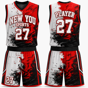 Ensemble d'uniformes de basketball personnalisés par transfert thermique – Maillot et short d'équipe personnalisables, dégradé rouge et blanc, respirant, séchage rapide, unisexe adulte - Product Image 1