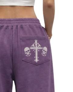 Pantalones Deportivos Anchos con Estampado de Calavera de Mariposa Morada Personalizados, Pantalones Jogger de Felpa de Estilo Gótico Holgados para Mujer, OEM ODM Personalizado - Product Image 5