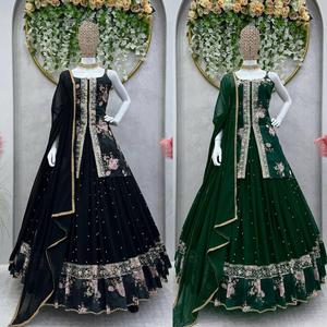 Vêtements de fête et de mariage Faux fil de georgette avec sequnece Rivet Moti et impression numérique avec toile Pata Work Top Lehenga & Dupatta - Product Image 3