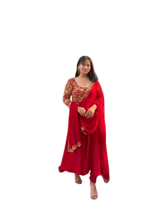 Traje Anarkali Indio con Bordado de Encaje, Diseño Floral con Pedrería, Estilo Étnico ORGENZA, Largo hasta la Rodilla, Casual, para Fiestas y Eventos Especiales - Product Image 1