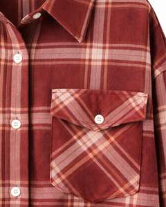 Camisa Oversize de Franela a Cuadros para Mujer, Color Granate, Manga Larga, Casual, con Bolsillos, Suave, para Otoño e Invierno, Venta al por Mayor - Product Image 5