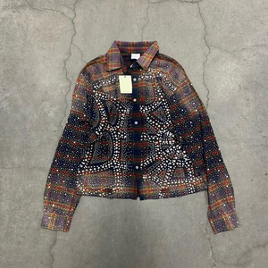 Chemise à manches longues en flanelle à carreaux dégradé en tissu premium, style vintage épais Y2K, avec strass motif toile d'araignée, coupe oversize streetwear - Product Image 4