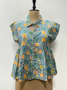 เสื้อกล้ามผ้าฝ้ายทำมือลายพิมพ์บล็อกสไตล์โบฮีเมียนสำหรับผู้หญิง ดีไซน์เนอร์พิมพ์ลายด้วยมือ เหมาะสำหรับใส่ลำลองหรือเป็นทางการในฤดูหนาว  ด้านหน้าติดกระดุม  ใส่ได้ในฤดูร้อน - Product Image 2