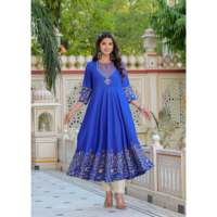Mavi Uzun Rayon Anarkali Kurti Dupatta Şık Etnik Giyim Günlük ve Özel Günler İçin Çiçek Desenli Baskılı Çevre Dostu
