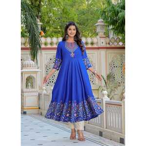 Longue rayonne bleue Anarkali Kurti avec vêtements ethniques élégants Dupatta pour des occasions festives décontractées motif imprimé floral - Product Image 6
