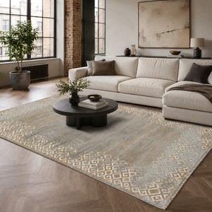 Alfombra Lavable Decorativa para el Hogar Netline, Diseño Geométrico en Ocre Dorado - Product Image 1