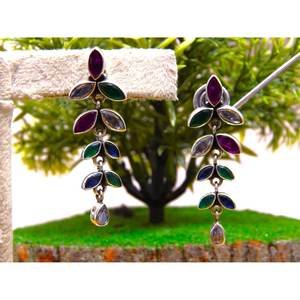 Boucles d'oreilles florales en argent sterling 925 avec pierres précieuses naturelles multiples avec cadeau d'anniversaire en diamant pour ses bijoux - Product Image 1