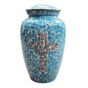 Urna de cremación de mosaico negro con Cruz de Jesús, recipiente de cenizas de entierro de Metal único con patrón de oración, suministros funerarios de tamaño adulto - Product Image 2