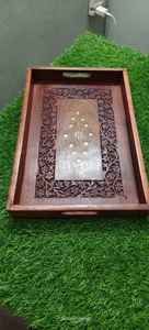 Bandeja redonda de madera de acacia de alta calidad para servir con asas Bandeja otomana decorativa de madera de calidad Cocina Sala de estar Sirviendo comida - Product Image 2