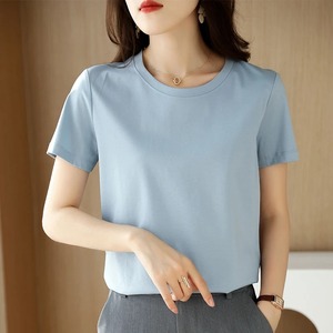 Été 100% Coton mercerisé T-shirts en soie pour femmes Col O Manches courtes Loose <span class=keywords><strong>Straight</strong></span> Tops Simple Casual <span class=keywords><strong>Tees</strong></span> - Product Image 6
