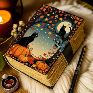 Journal en cuir de chat noir imprimé de 400 pages avec serrure Journal de citrouille d'Halloween fait à la main Witchy Gothic Hardcover Grimoire Notebook - Product Image 2