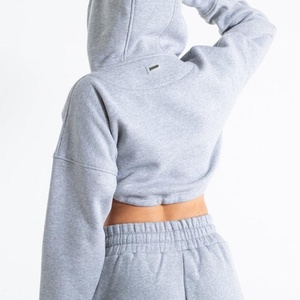 New Design Women Cotton Drawstring Hem Grey Sports Crop Top Hoodie Drop Shoulder <b>Workout</b> Training Gym Cropped <b>Hoodies</b> - Product Image 6