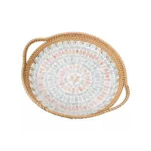 Plateau de service rond en rotin avec incrustation de nacre bohème, plateau de service rond décoratif en provenance du Vietnam - Product Image 3