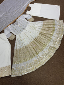 Venta caliente étnico tradicional Anarkali Salwar Kameez traje de tela Georgette alta lentejuelas doradas pesadas para bodas fiestas indias - Product Image 6