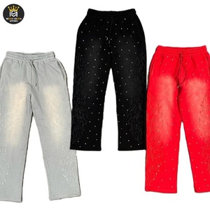 Pantalon de survêtement décontracté pour homme en toile avec strass, délavé à l'acide, logo brodé, streetwear premium, imperméable, respirant et léger - Product Image 1
