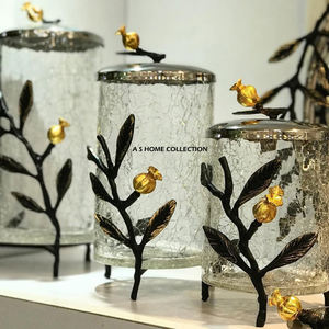 Crackle Glass Golden Leafy Design Stand Storage <b>Canister</b> <b>Set</b> of 3 for Kitchenware Usage High Quality Foods <b>Canister</b> Metal - Product Image 1